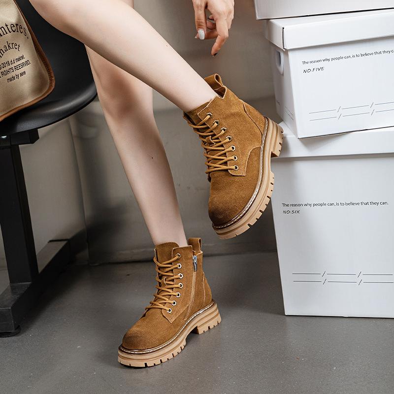 Thick-soled Martin Boots Women's Autumn and Winter New Cotton Retro Rhubarb Boots Genuine Leather Short Boots British Matte Locomotive Boots