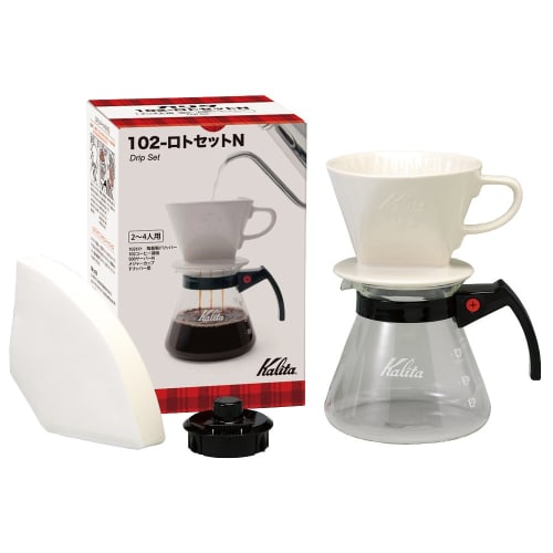 Kalita Coffee Drip Set, 102-Roto Set N, ceramic dripper set for 2-4 people, with a fast 3-hole brewer that extracts the full flavor before any impurit