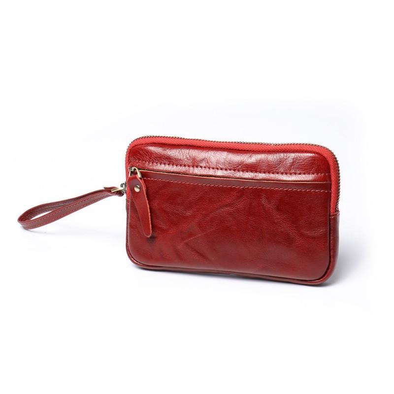 

New Vegetable Tanned Leather Zipper Handbag Cowhide Coin Purse Large Capacity Card Bag Storage Key красный