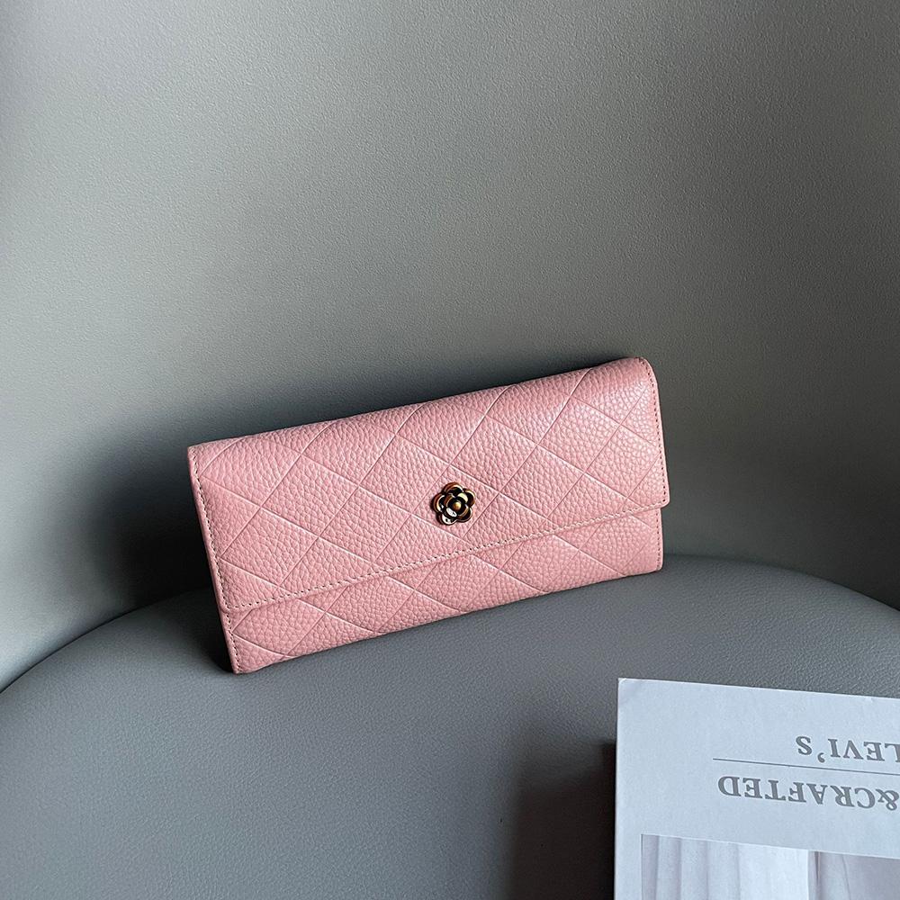 

Женские кошельки из натуральной кожи высшего качества, длинный кошелек «икра», стеганый ромбами клатч «Камелия», высокой вместимости, кошельки для телефона, бумажник без логотипа розовый