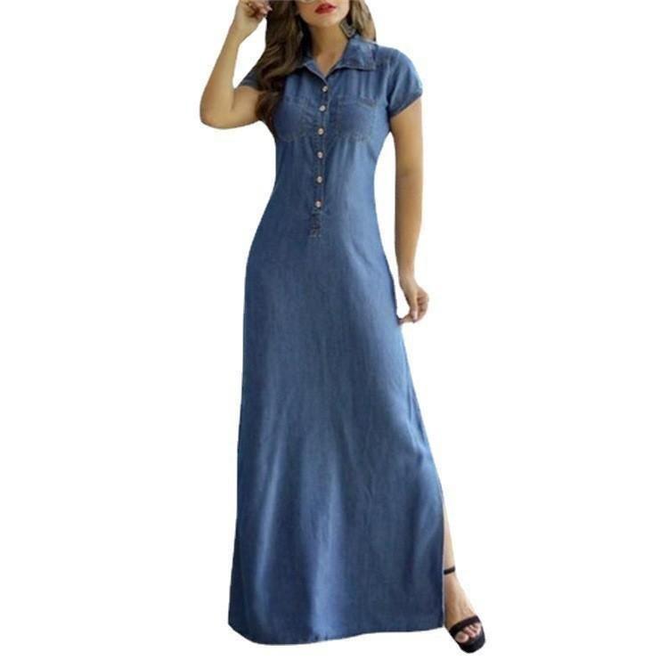 Maxi abito in denim stile europeo americano, casual, con colletto a camicia, gonna svasata con tasche a fessura