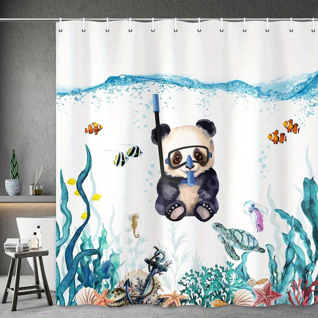 Süßer Panda & Meeresleben Duschvorhang - Verspielter Panda mit Schnorchel, Bunte Fische & Meerestiere, Inklusive 12 Haken