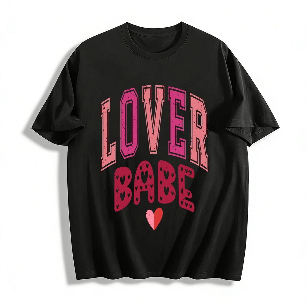 Retro Heart Lover Babe Print Casual Couple Crew Neck Short Sleeve T-Shirt Pure cotton T-shirt XXS