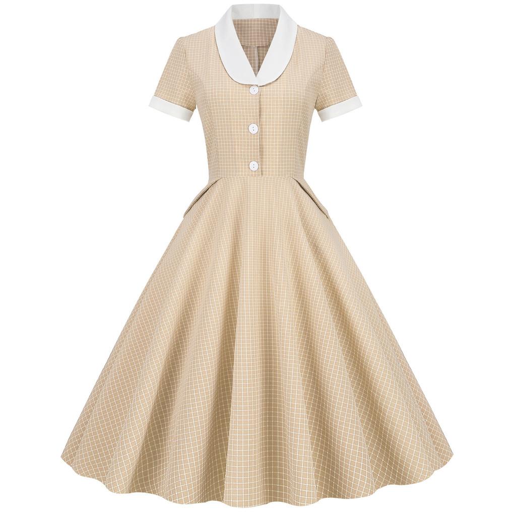 Vintage Plaid Dress With Piping And Pockets For Elegant Office Parties