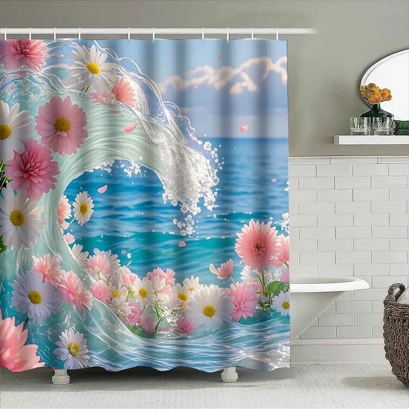 Flowers And Waves Shower Curtain For Bathroom Decor - Watercolor Floral Design With Blue Ocean Background Waterproof Durable