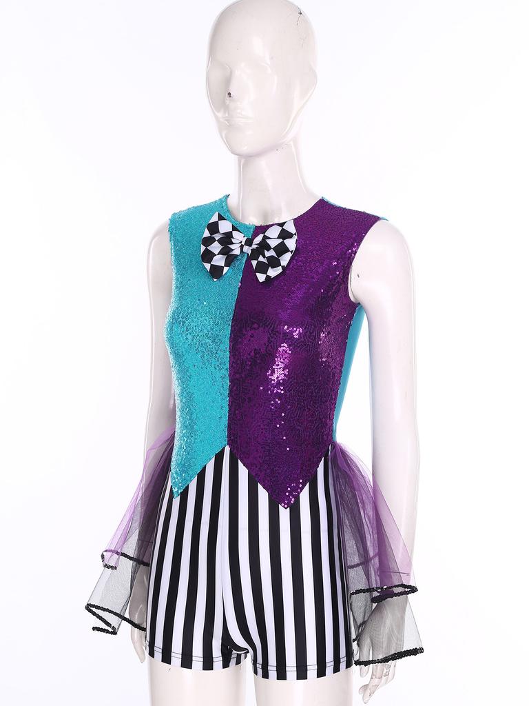 S-3XL Women’s Halloween Jumpsuit: Color Blocking Sequin & Striped Patchwork Checker Bowtie Tiered Tulle Hem Cutout Rompers Mad Costume