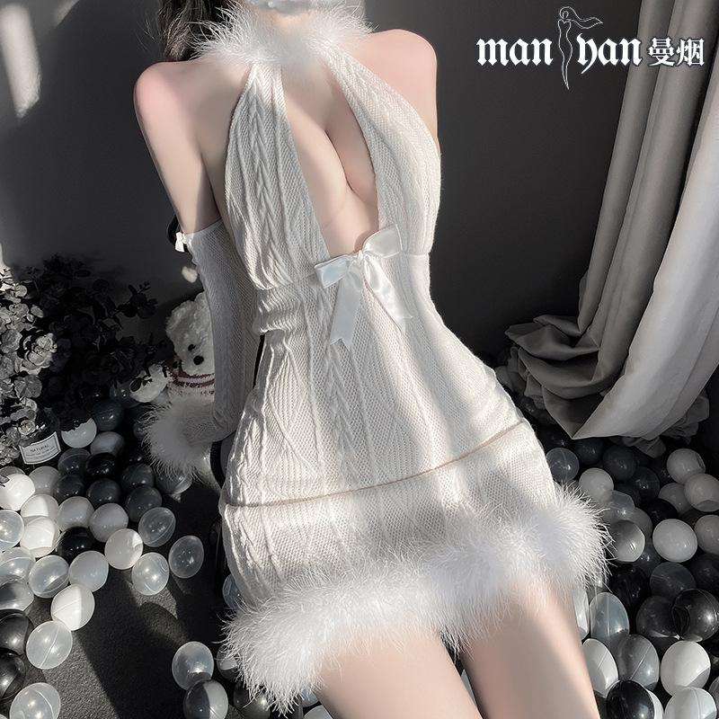 Sexy Lingerie Deep V Bunny Girl Uniform Cosplay Costume Halter Backless Plush Slim Bodycon Dress Open Chest Nightclub Temptation