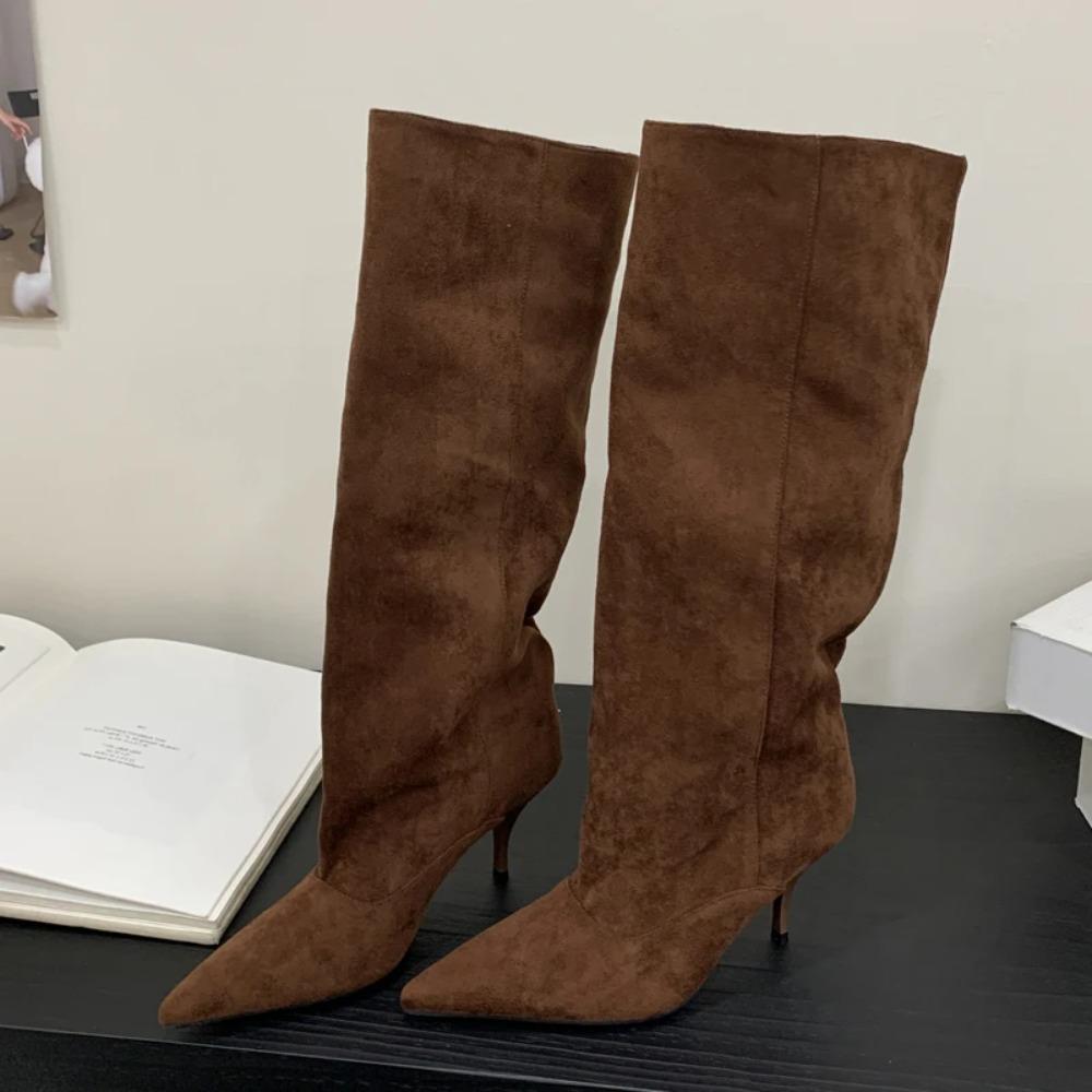 Fashion Vintage Thin Heels Women Knee High Boots Fashion Winter Sexy Pointed Toe Stripper Party Shoes Zapatos De Mujes