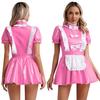 Womens Naughty Maid Uniform Clubwear Glossy Patent Leather Maid Cosplay Dress Ruffles Trims Bow Apron Puff Sleeve A-Line Dress