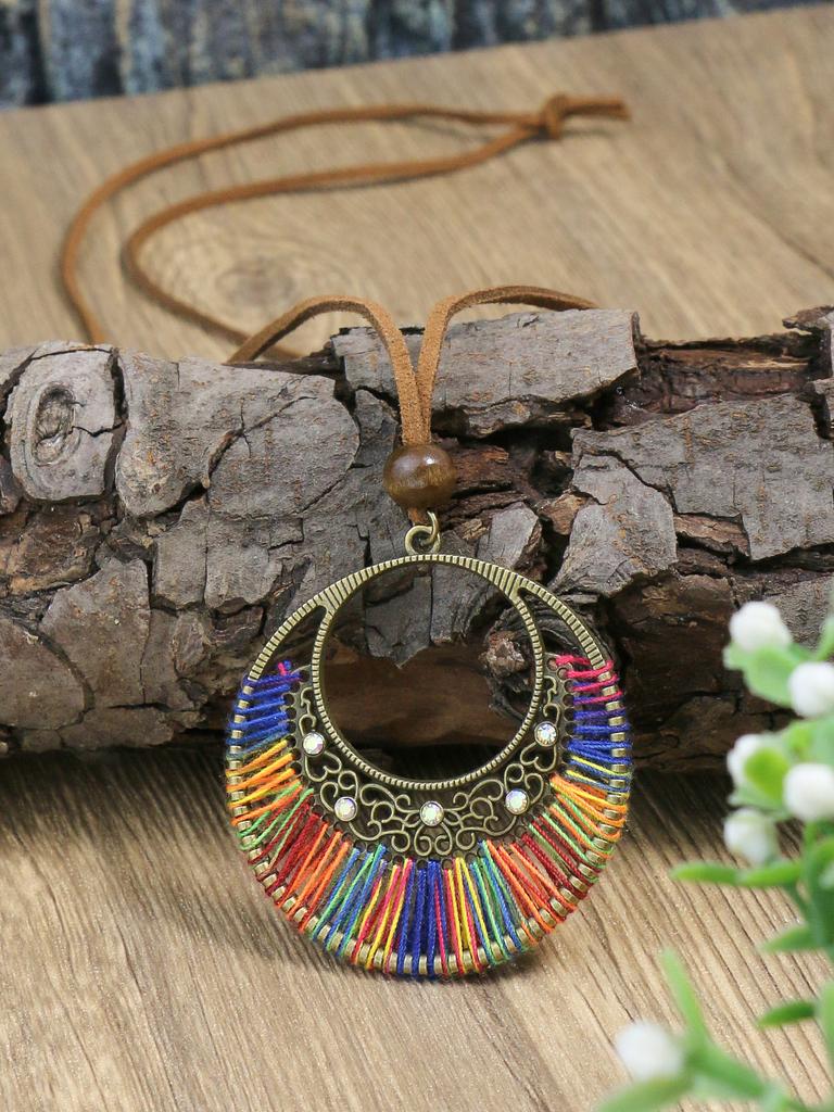 Bague en métal de style ethnique bohème rétro, enroulement de roue à bande, long collier pendentif pour femmes classique et minimaliste