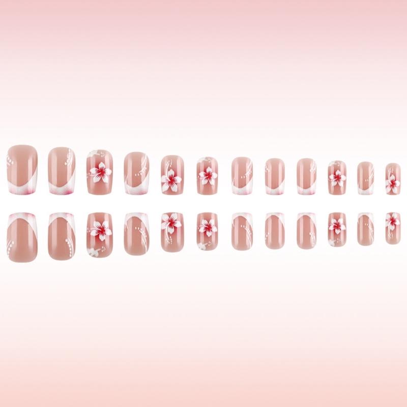 24Pcs Square Press on Nail Glues on Nail French Fake Nail Designs False Nail Artificial Nail Gifts for Women and Girls