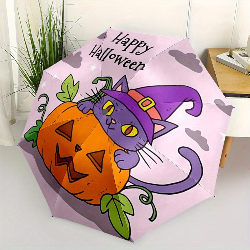 

1pc Happy Halloween Purple Wizard Cat & Pumpkin Automatic 3-Fold Umbrella Design, Cute Cartoon Pattern, Portable Outdoor Umbrella, Perfect, Holid