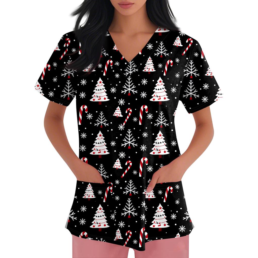 Women's Fashion Short Sleeve Christmas Print V-Neck Pocket Workwear Tops
