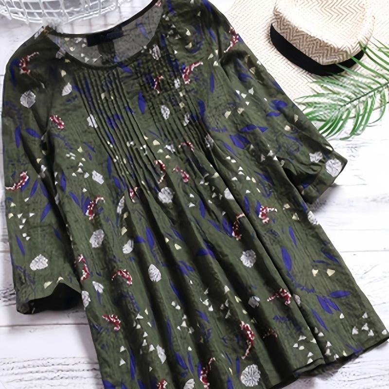 Plus Size S-5XL Women Fashion Floral Printed 3/4 Sleeve Shirt Loose Retro Color Shirt Ladies Blouse Tops