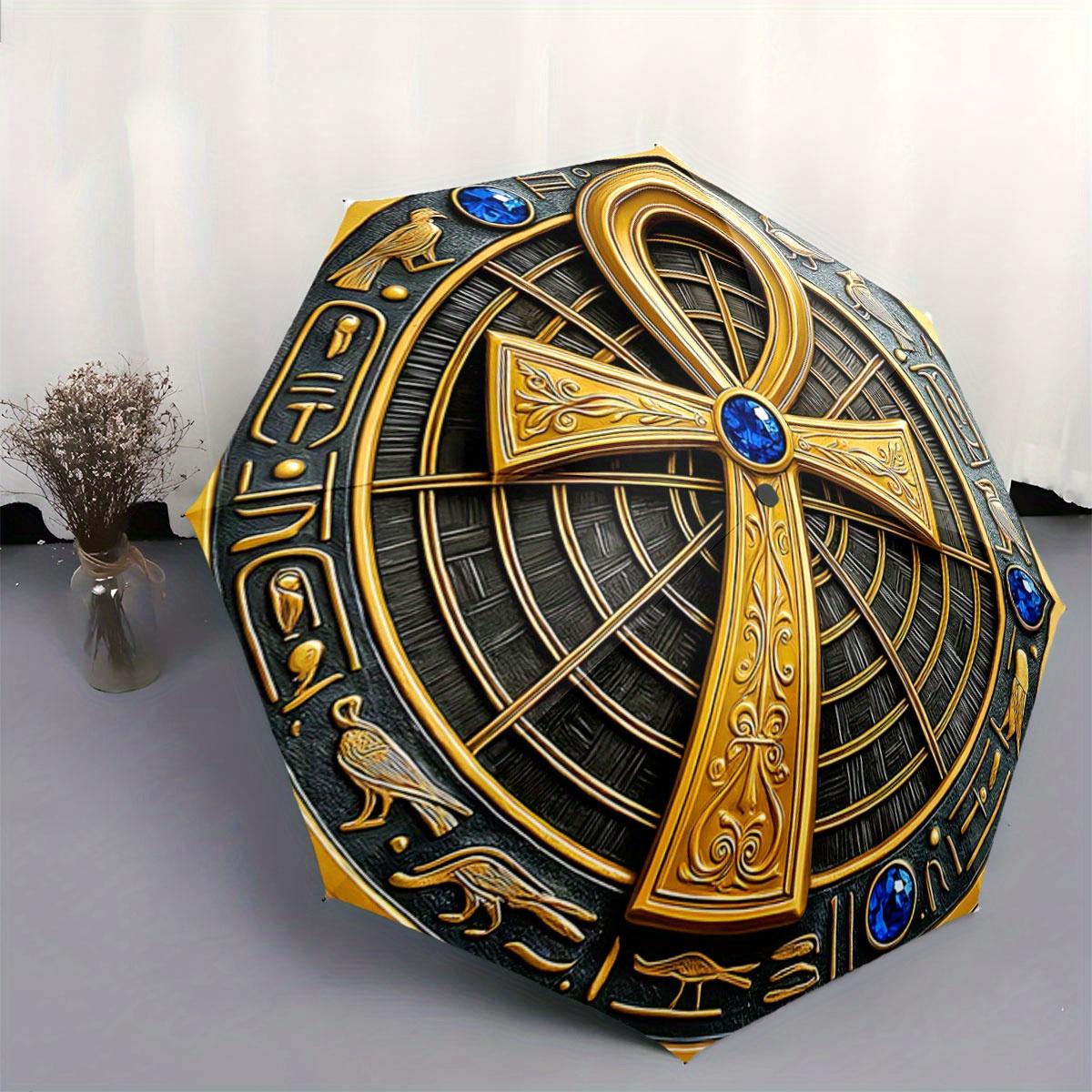 

[Christmas] Automatic Open/Close Umbrella with Egyptian Ankh & Hieroglyphs - Golden & Blue Ancient Egyptian Design Umbrella, C (as the picture,Iron&8K)