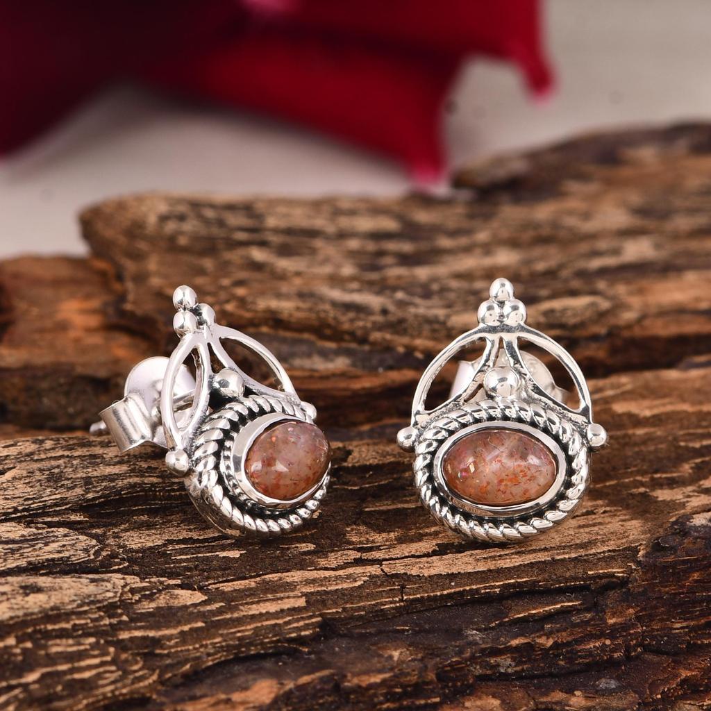 Sunstone Stud Earrings 6x4mm | Sterling Silver Gemstone Earrings | Boho Everyday Studs | Handmade Jewelry Gift for Her