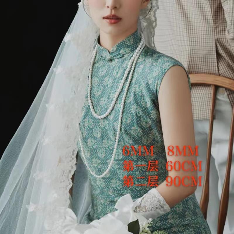 French design sense three-layer glass pearl long necklace sweater chain with small fragrant style retro gentle long necklace