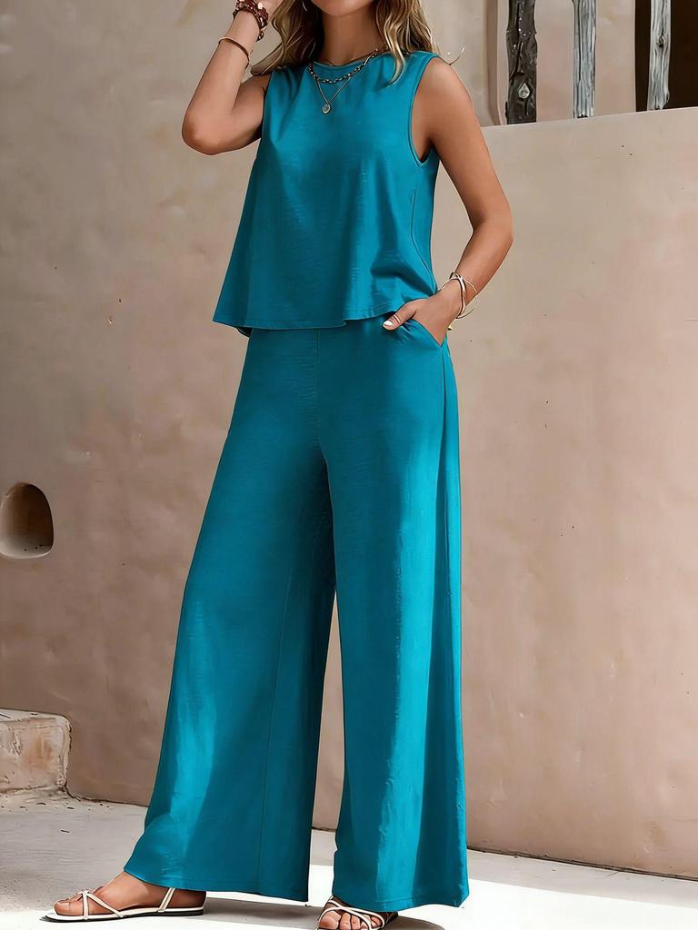 Elegant Solid Color Two-Piece Set: Crew Neck Tank Top & Wide-Leg Pants - Women's Clothing 2026
