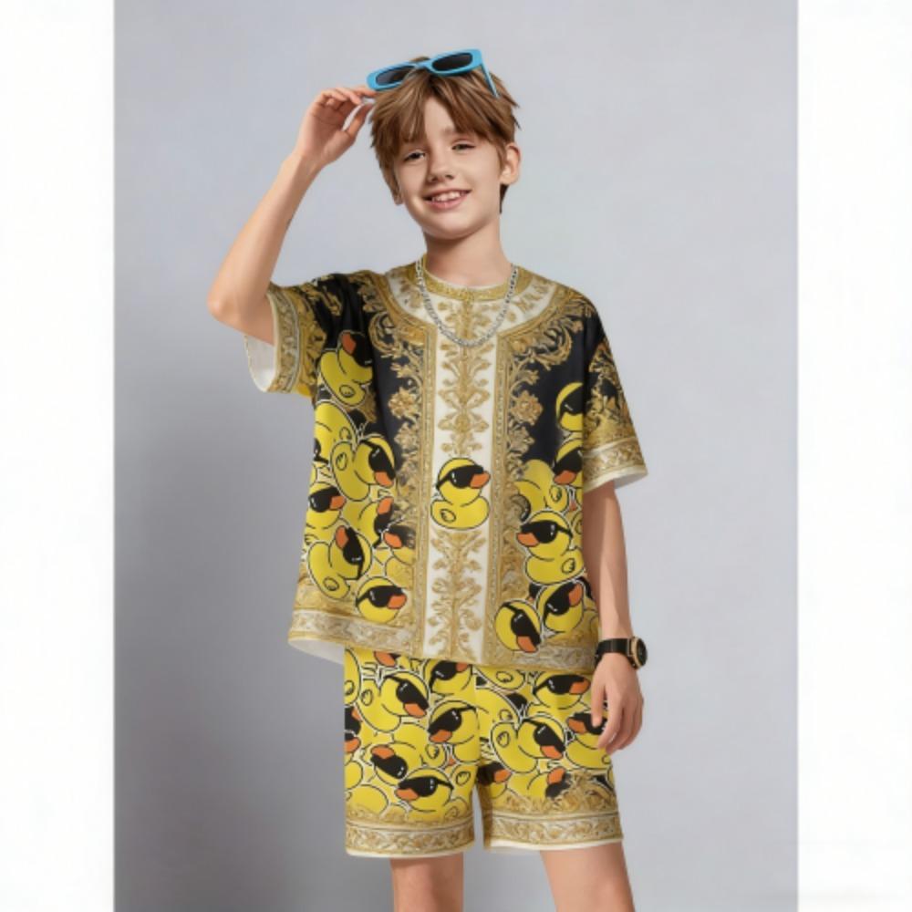 Men's Set Cartoon Animal Duck Printed Men's T-shirt and Shorts 2 Piece Set Summer Casual Outdoor Men's and Women's Outfit Clothing