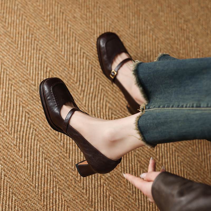 Krazing Pot Sheepskin Square Toe Size 40 High Heels Metal Buckle Decoration Fashion Gladiator Autumn Pumps