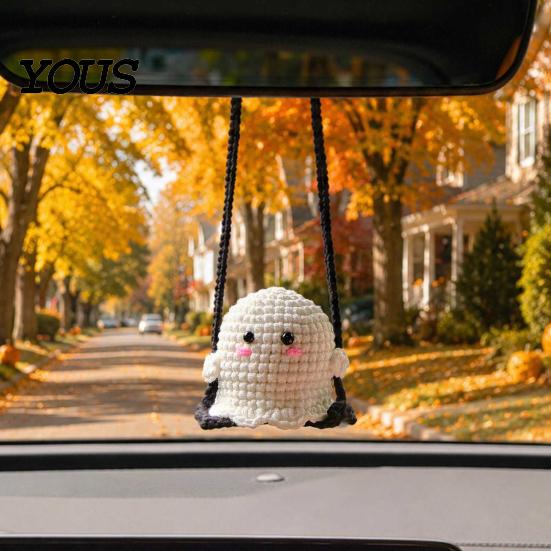 Handmade Aesthetic Car Decor Cute Crochet Ghost Ornaments, Mini Knitted Doll, Hanging Accessory Decorative Rearview Mirror for Auto Interior