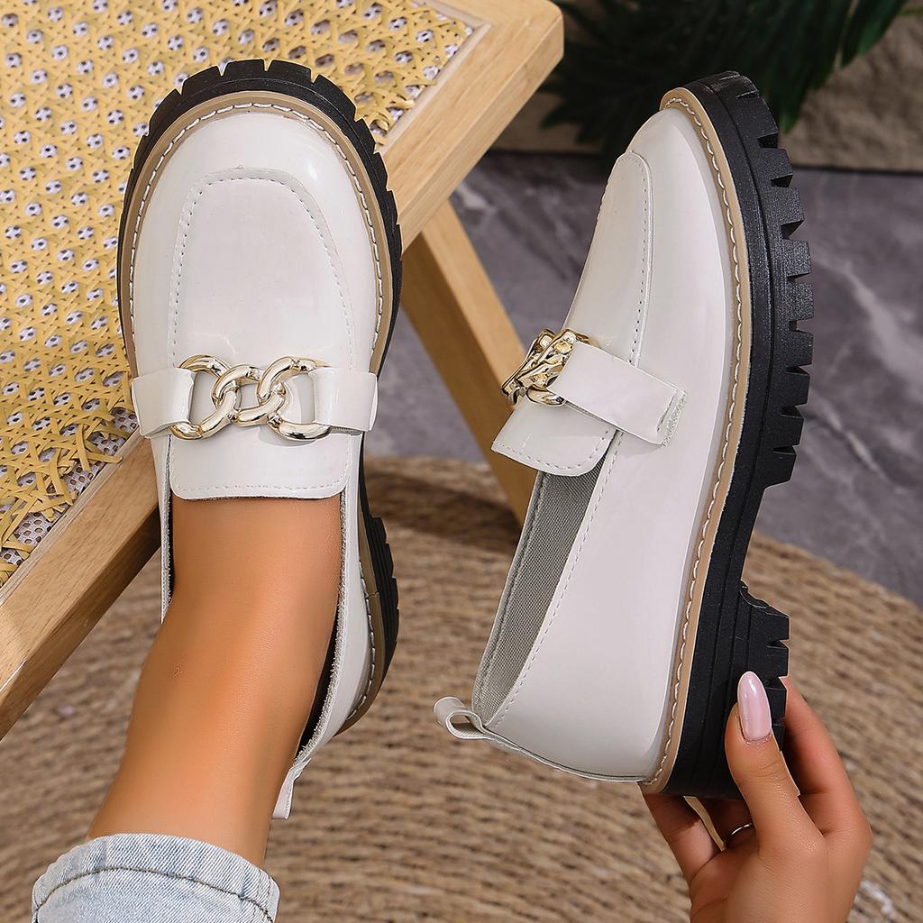 Damskie mokasyny na grubym obcasie, masywne buty codzienne, wiosna jesień, retro płaskie buty damskie, okrągły nosek, zdobione metalem, sneakersy damskie