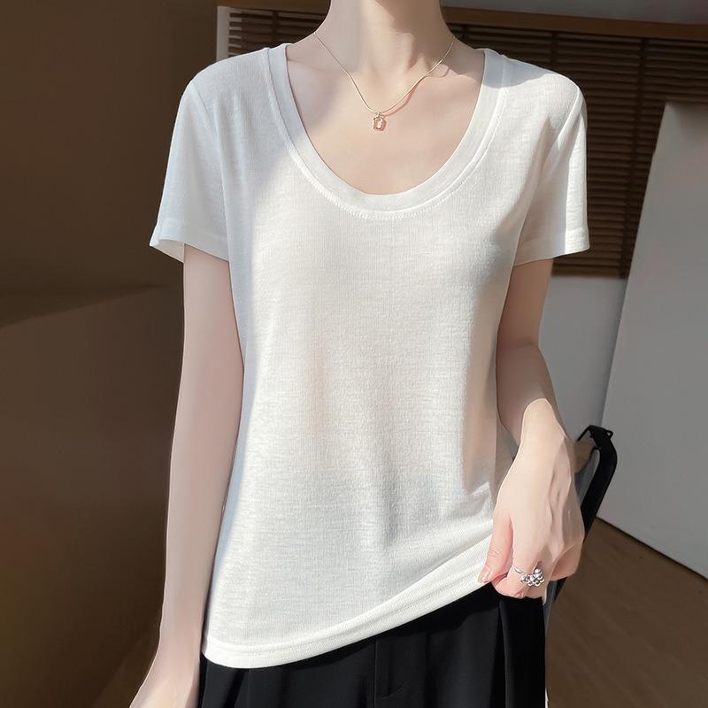 Women's Spring and Summer New Positive Shoulder Short T-shirt Fashion U Collar Slim Bottoming Shirt Thin Fashion Short-sleeved
