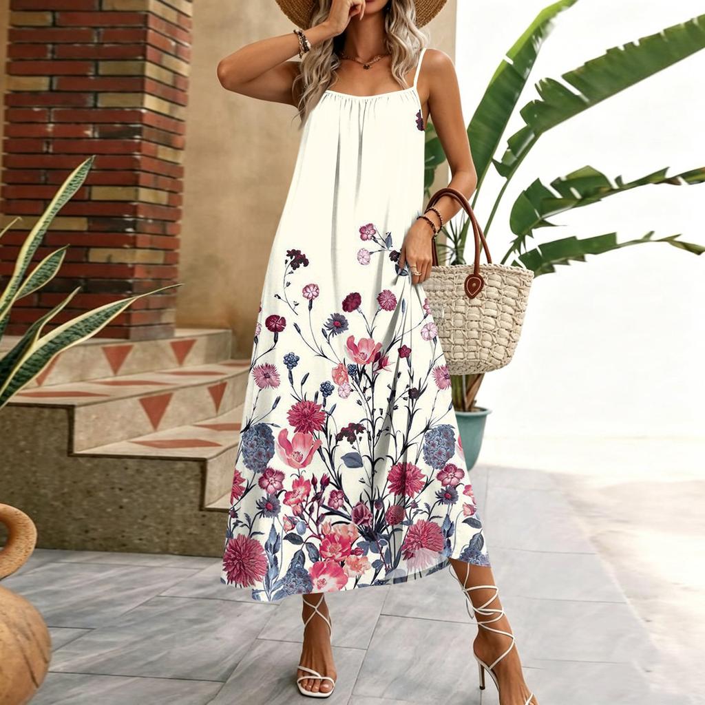 Women Sleeveless Spaghetti Strap Long Dress with Floral and Geometric Print Loose Fit Casual Home Vacation Wear
