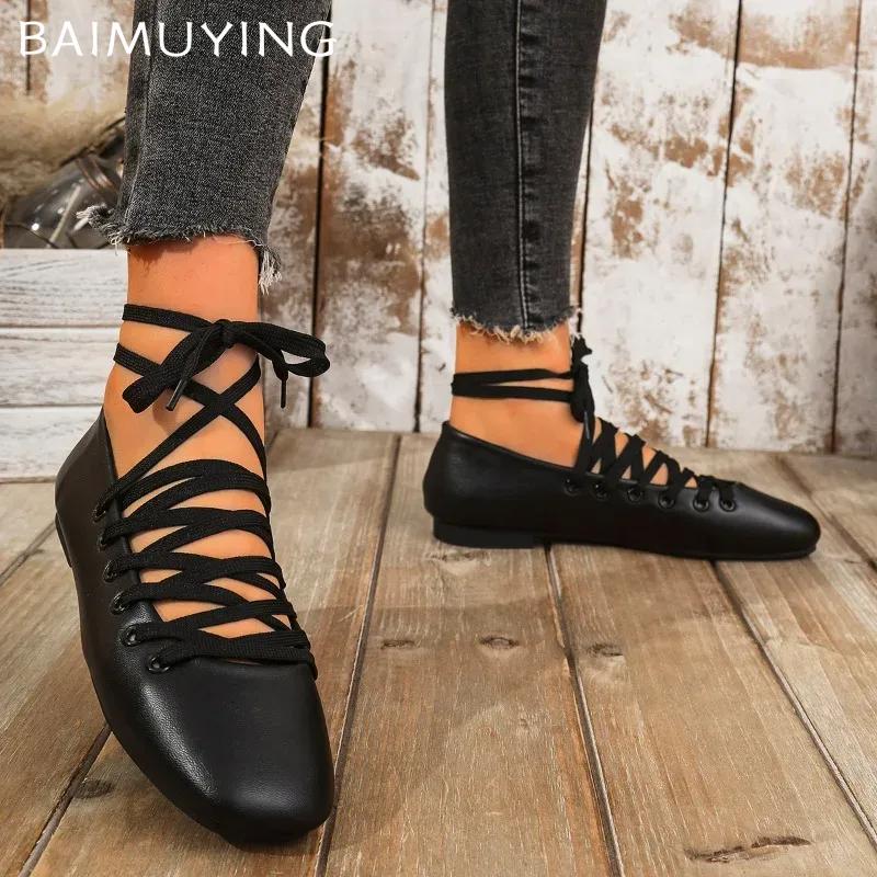 Women Ballet Flats Shoes Square Toe Lace-up Loafers Shoes Woman 2025 Trend Winter Designer Elegant Office Shoes Casual Sneakers