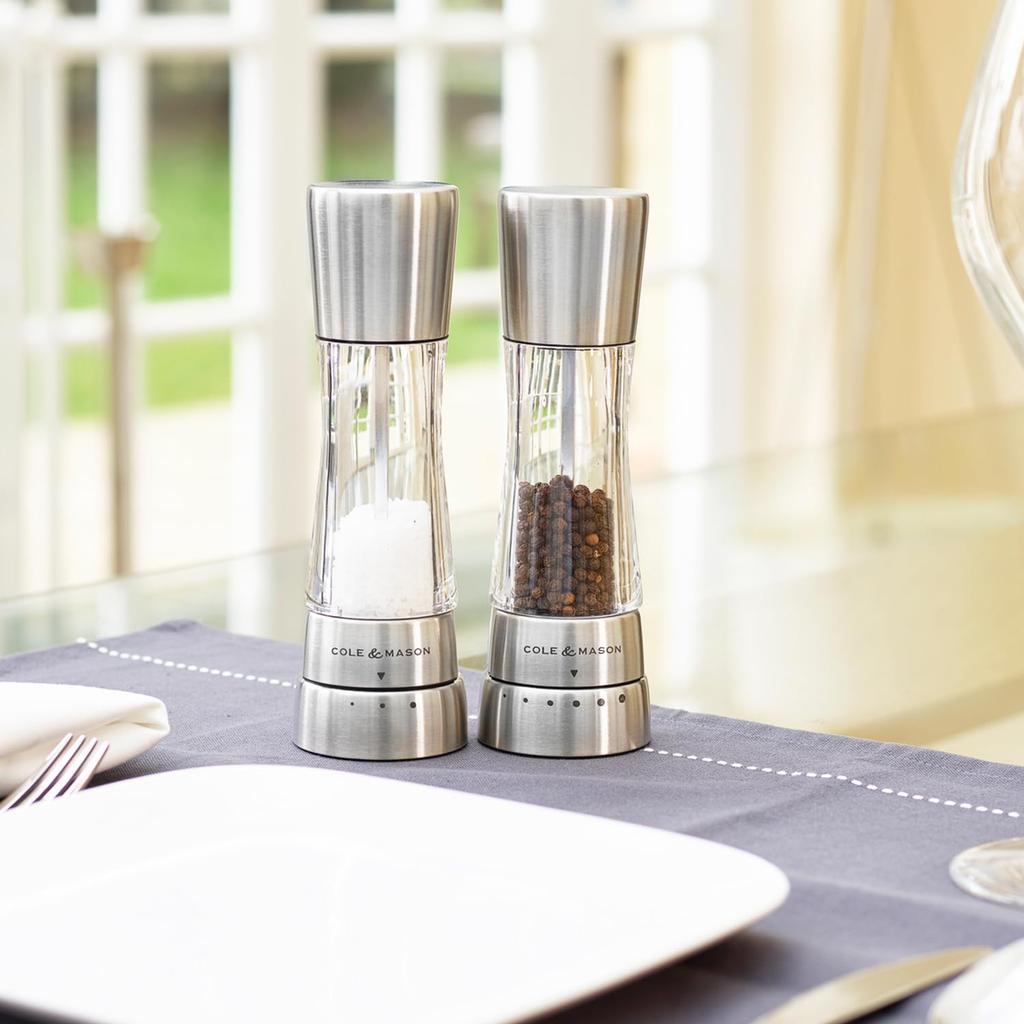 Cole & Mason Salt & Pepper Mill Gift Set, Derwent Stainless Steel & Acrylic, Premium Mill, British Brand, Seasoning Grinder