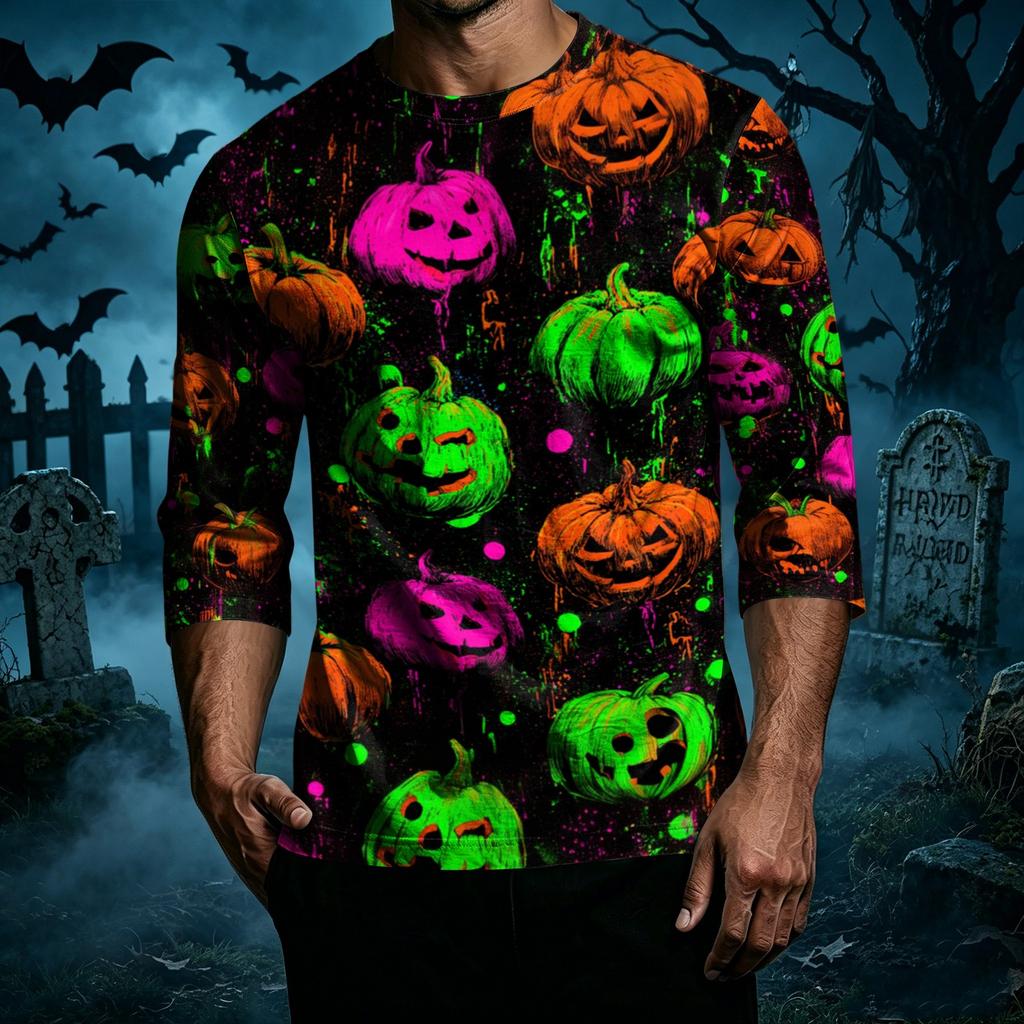 Men's Casual Halloween Printed Crew Neck T Shirt Three Quarter Sleeve Top Suitable for Seasonal Wear and Everyday Use