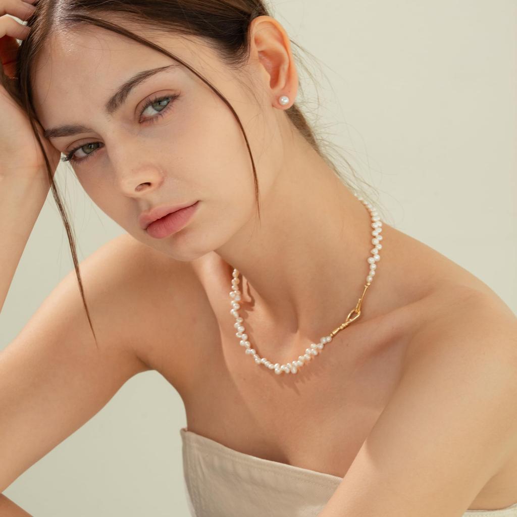 Zynzonis Freshwater Pearl Choker Gold Gift Women's Necklace, Small, 40-42cm, Clasp, Nickel-Free, Stackable,