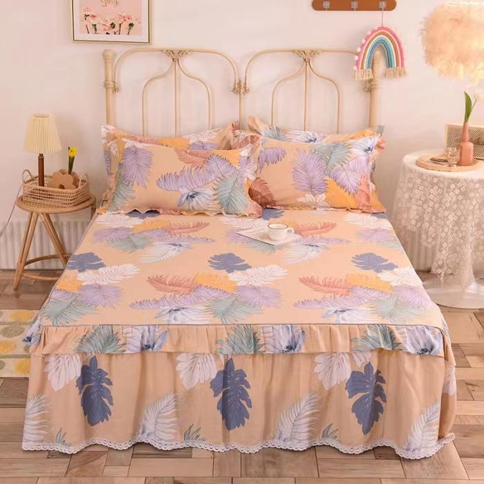 3pcs Sheet Set High Grade 100% Cotton Printed Bedspread King Queen Size Cute Pure Cotton Thick Bed Skirt with 2pcs Pillowcase