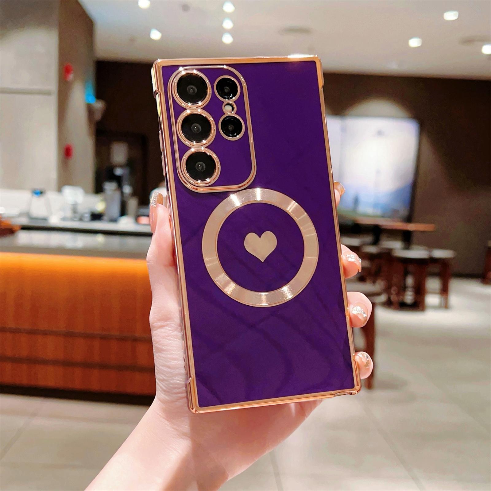 

For Samsung Galaxy S24 Ultra Magnetic Phone Case Electroplating Heart TPU Cover Dark Purple