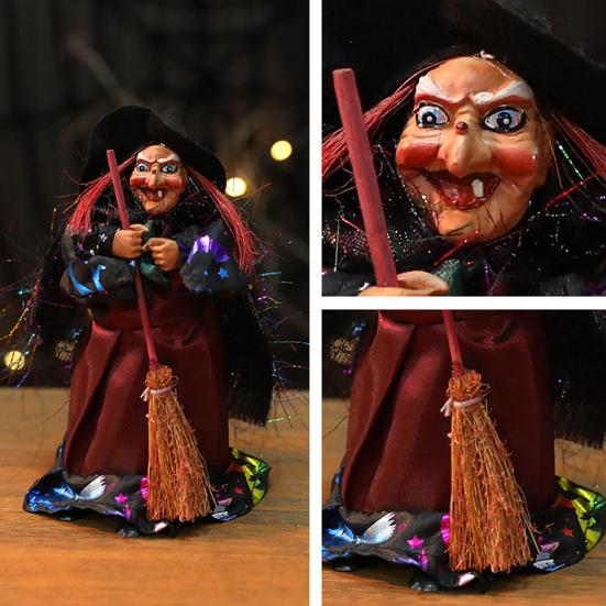 Halloween Witch Ornaments Spooky Witches Figures with Broomsticks Desktop Statue for Haunted House Party Decor
