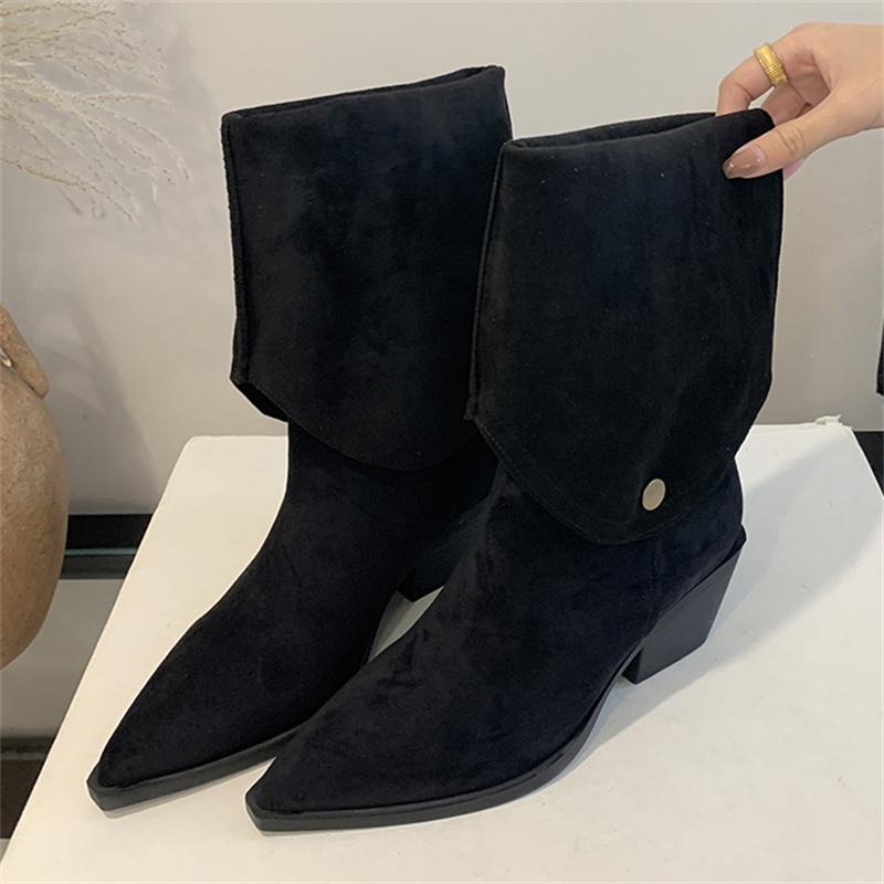 Eilyken Winter Designer Pointed Toe Women Knee High Boots Fashion Square Heels Buckle Fold Short Shoes Botas
