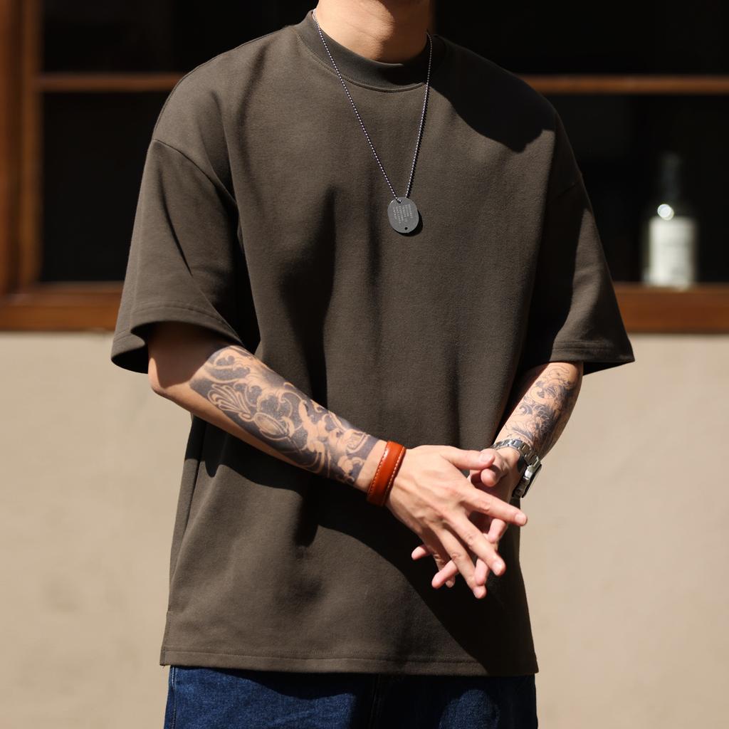 Heavy Small Neckline Short-sleeved T-shirt Men's Loose Summer Casual Solid Color Anti-wrinkle Large Size T-shirt