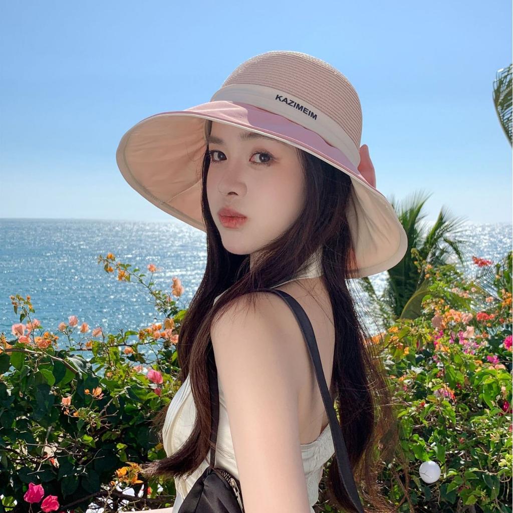 Summer outdoor travel sunscreen bucket hat new fashion splicing visor bow student big eaves hat