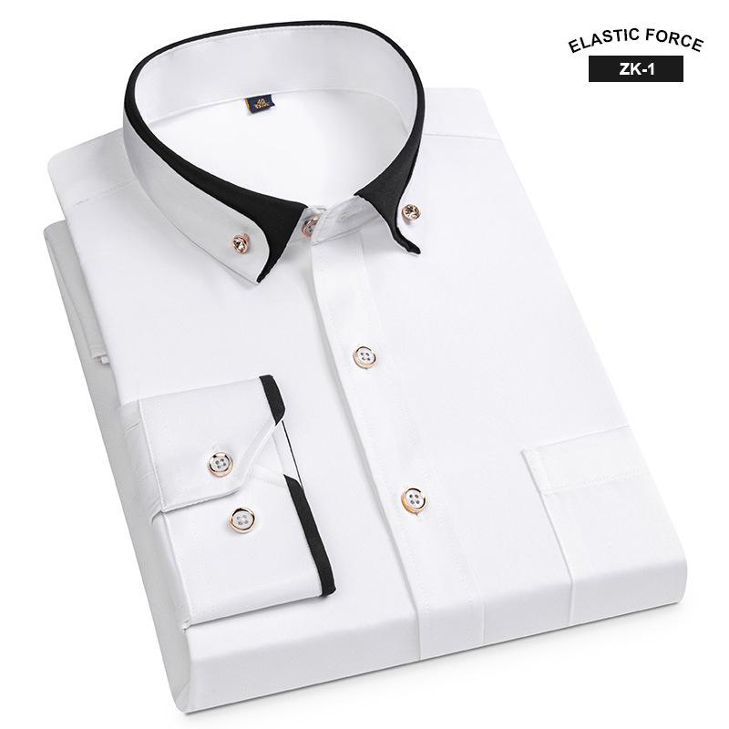 

New Fashion Spring Elastic Non-iron Long-sleeved Shirt Men s Youth Crystal Button Patchwork Collar Not Cotton Business Shirt Men 38