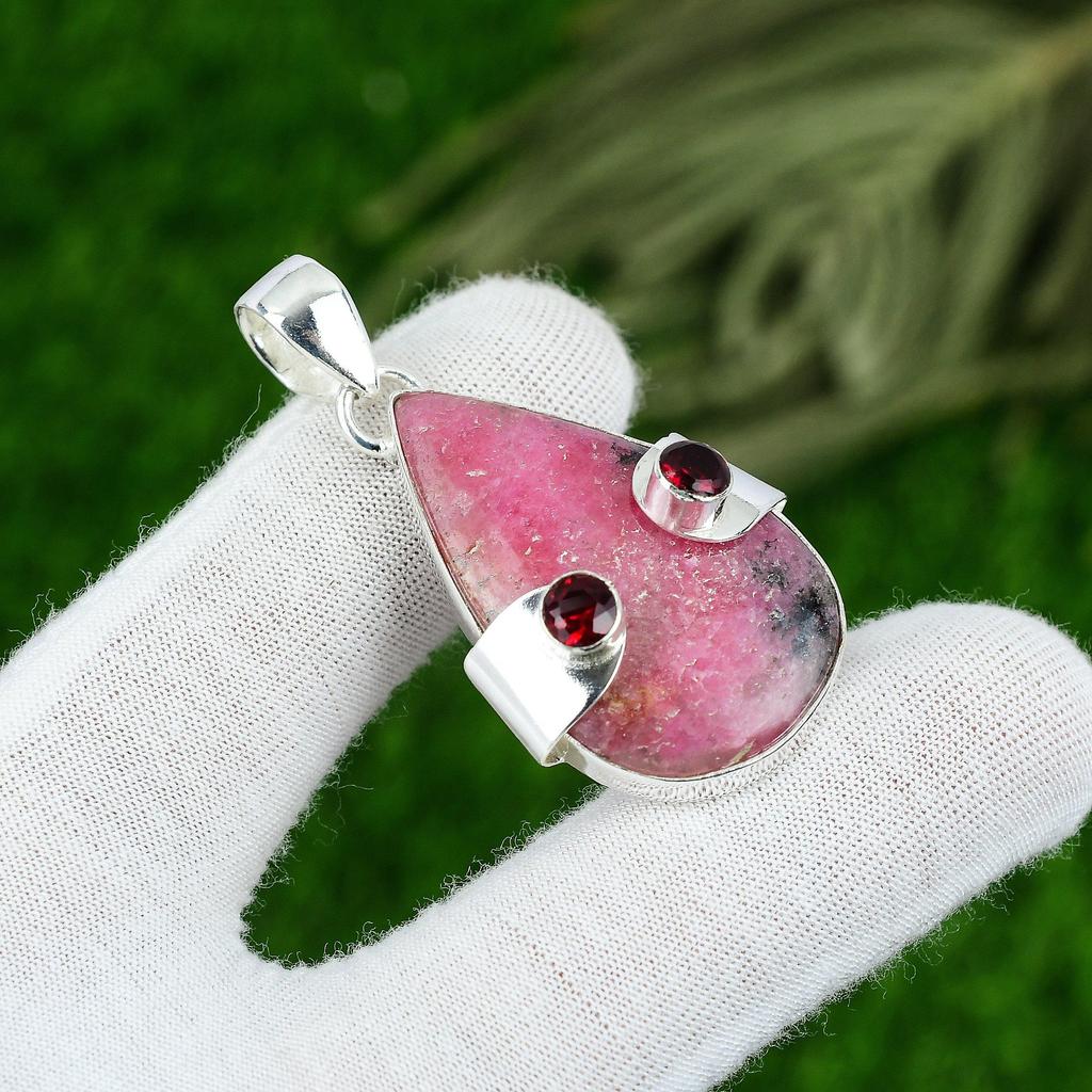 Natural Rhodonite Gemstone Pendant 925 Sterling Silver Indian Jewelry For Women
