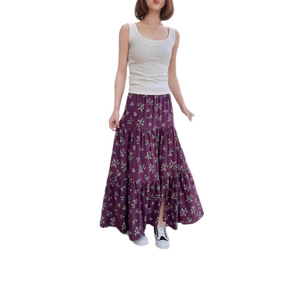2025 Summer Floral Cotton-Silk Midi Skirt: Slimming, Thin Rayon Cardigan, Long Cake Skirt for Women.
