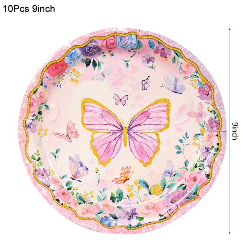 Pink Butterfly Disposable Tableware Set Paper Plates Cup Tablecloth Girls Butterfly Theme Birthday Party Decoration Supplies