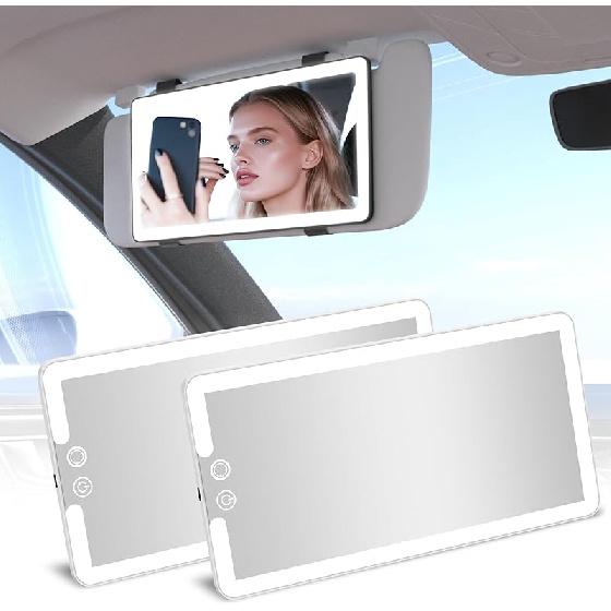2PCS Car Visor Vanity Mirror With Lights, Rechargeable Dimmable Touch LED Sun Visor Mirrors, Large Detachable Vanity Makeup Mirror With 3 Color Modes