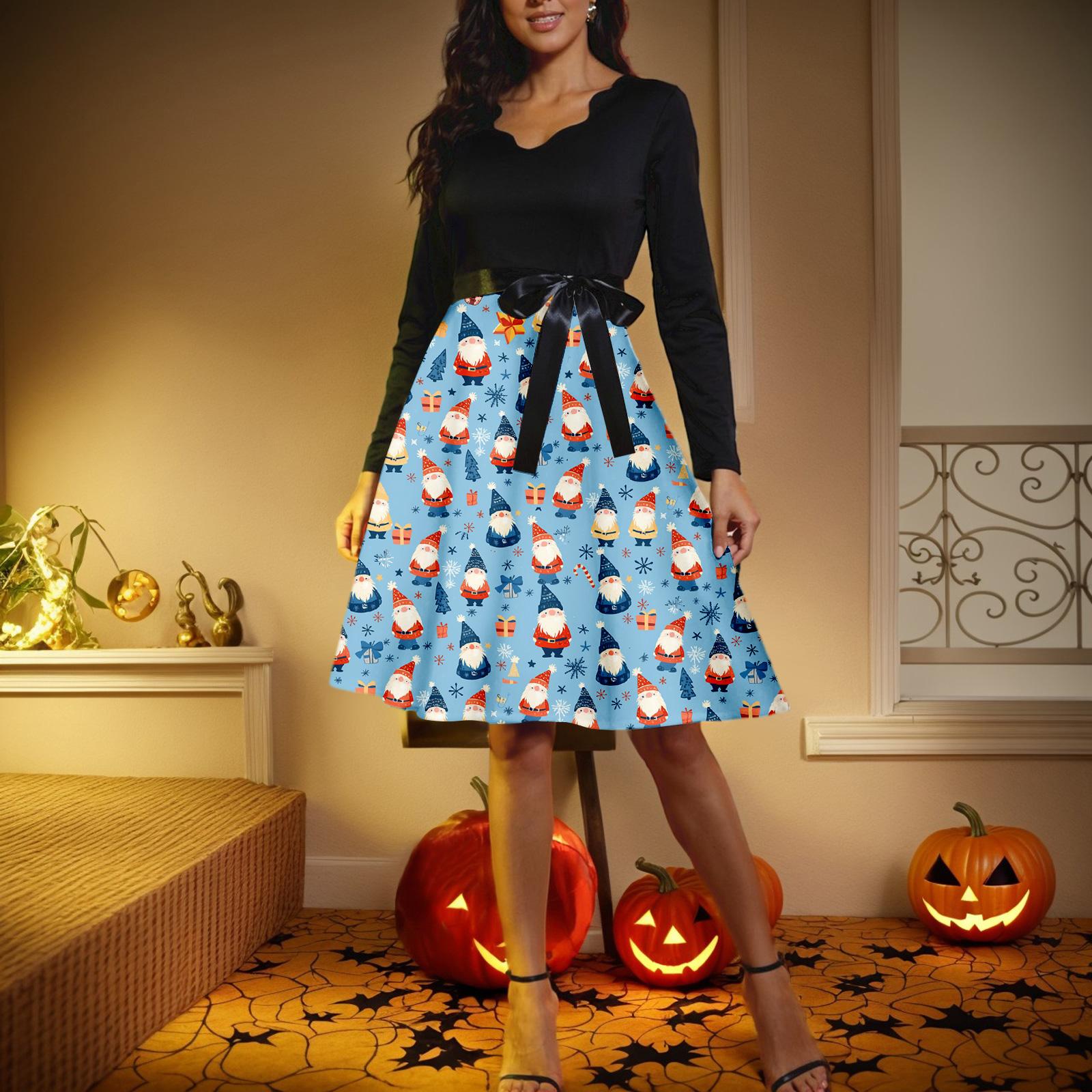 

Женское повседневное модное платье с V-образным вырезом и длинными рукавами в стиле ретро с рождественским принтом L