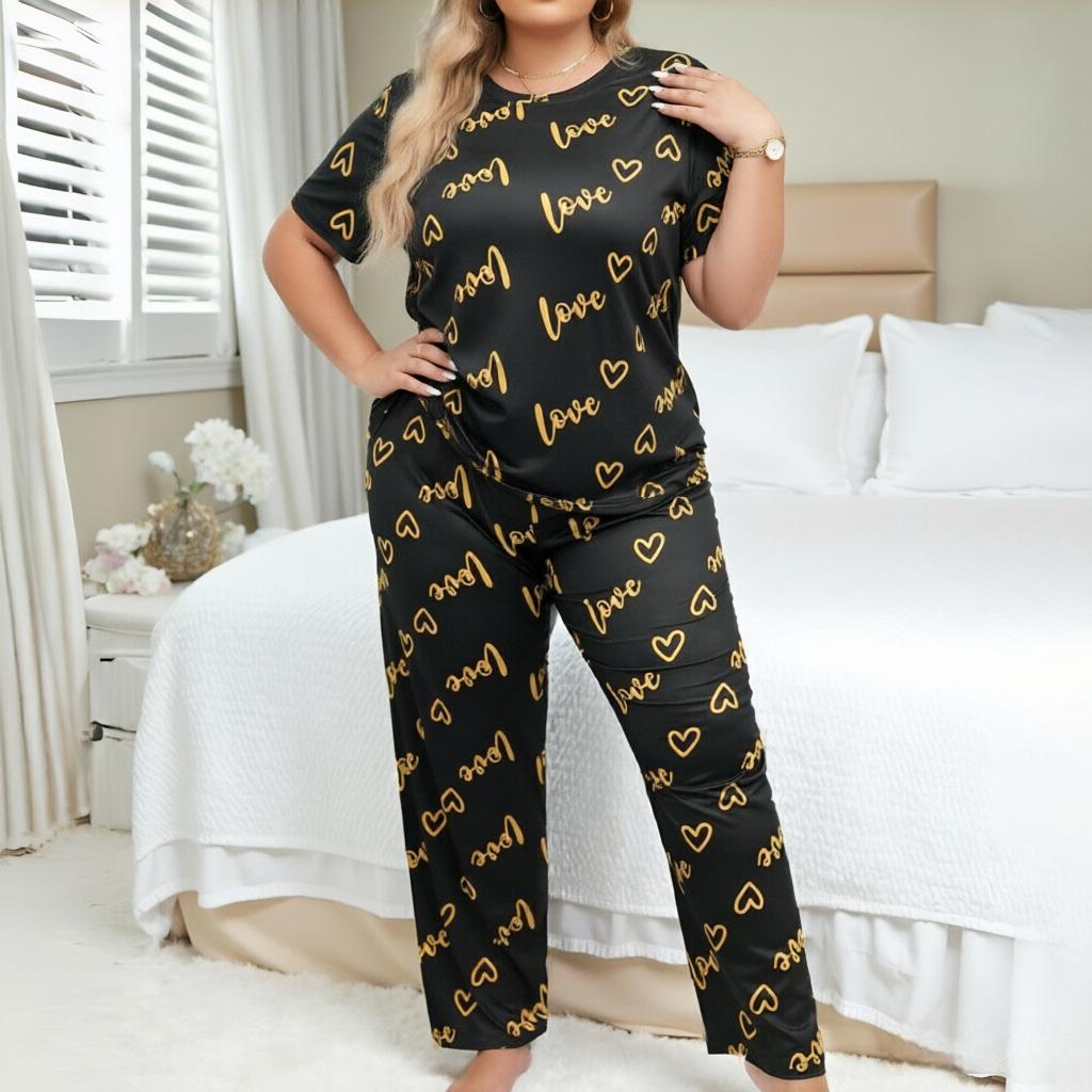 European and American Style Large Size Fat Woman Fat Man Loungewear Enlarged and Fattened Love Round Neck Short Sleeve Trousers Women's Pajama Set