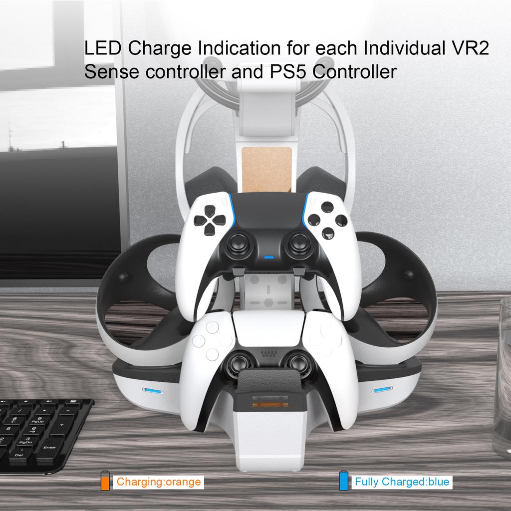 All-in-one Controller Charging Dock with LED Light for PS VR2/ Handle Controllers Charger Base Storage Stand