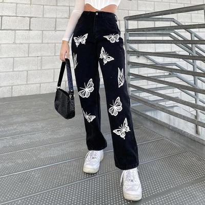 Čierne vrecovité džínsy Ženy Potlač motýľa Estetické džínsové nohavice Móda Vysoký pás Rovné Dlhé nohavice Dámske Streetwear