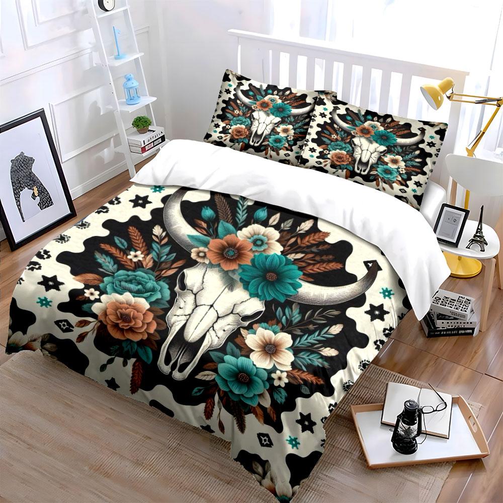 Floral Bull Skull Bedding Set Bedding Duvet Cover Set Duvet Cover Pillowcases (1 * Duvet Cover 2 * Pillowcases, without duvet insert)