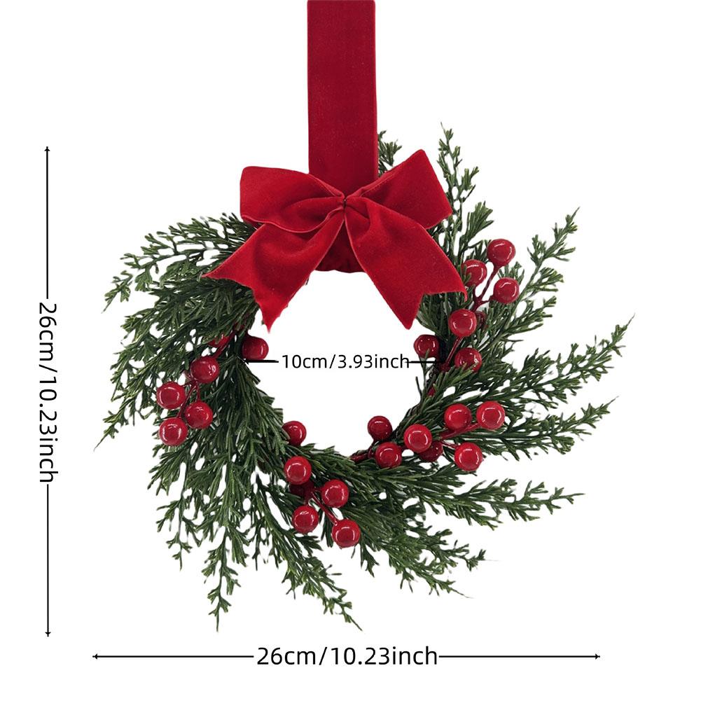 Artificial Christmas Wreath 10 Inch Winter Greenery Wreath Front Door Holiday Porch Wall Decor with Red Berries And Velvet Bow
