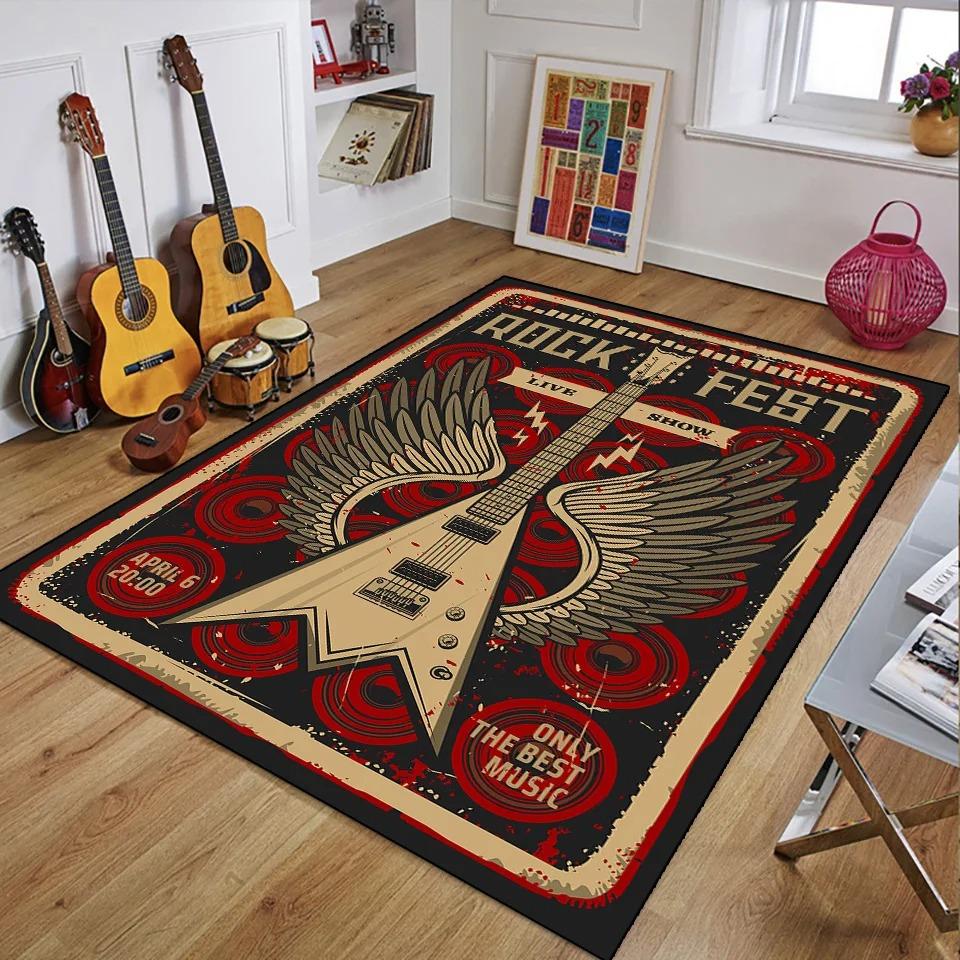 Retro Music Theme Area Rug with Cassette Jazz Guitar Rock Patterns Absorbent Floor Mat for Living Room Bedroom Home Decor